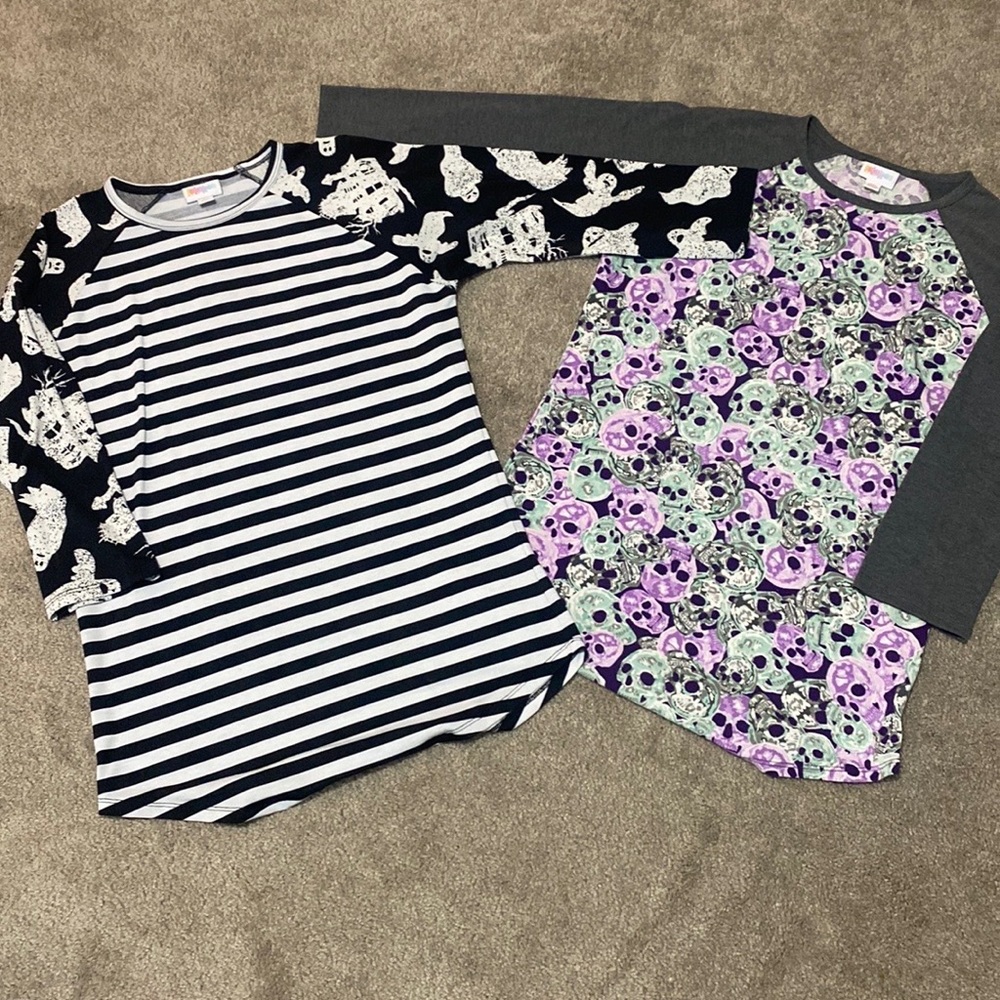 2 super cute Halloween themed LuLaRoe shirts - skulls and haunted houses